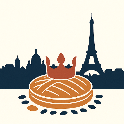 巴黎天际线前的一块国王饼 Galette des Rois，饼上戴着王冠